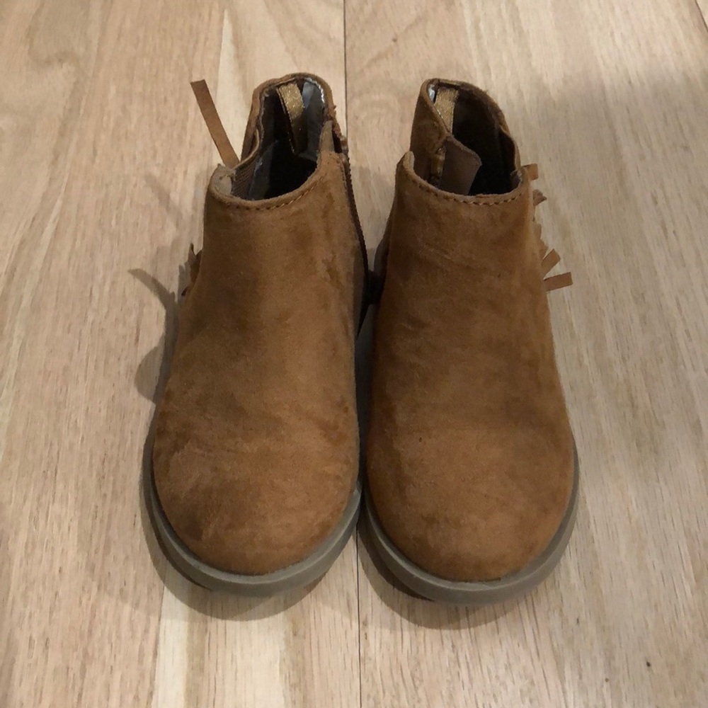 Faux suede camel fringe booties